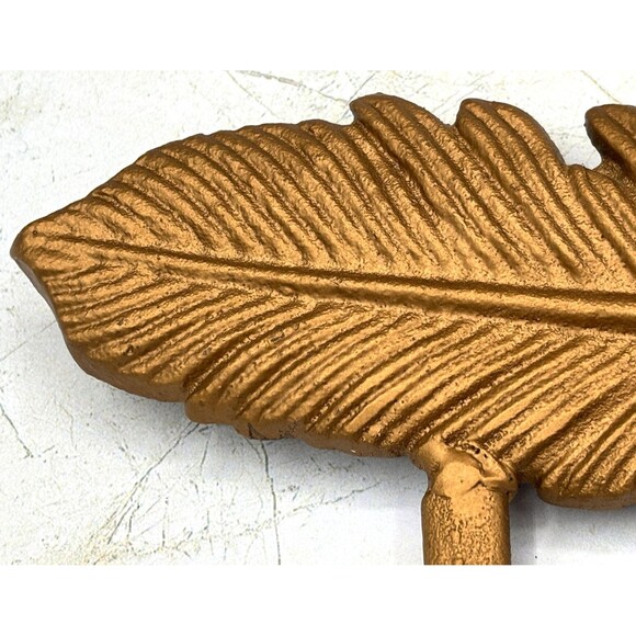 Cast Iron Gold Painted Large 14" Feather Coat Hat Hanger Wall Hanging 3 Hooks - Picture 8 of 11
